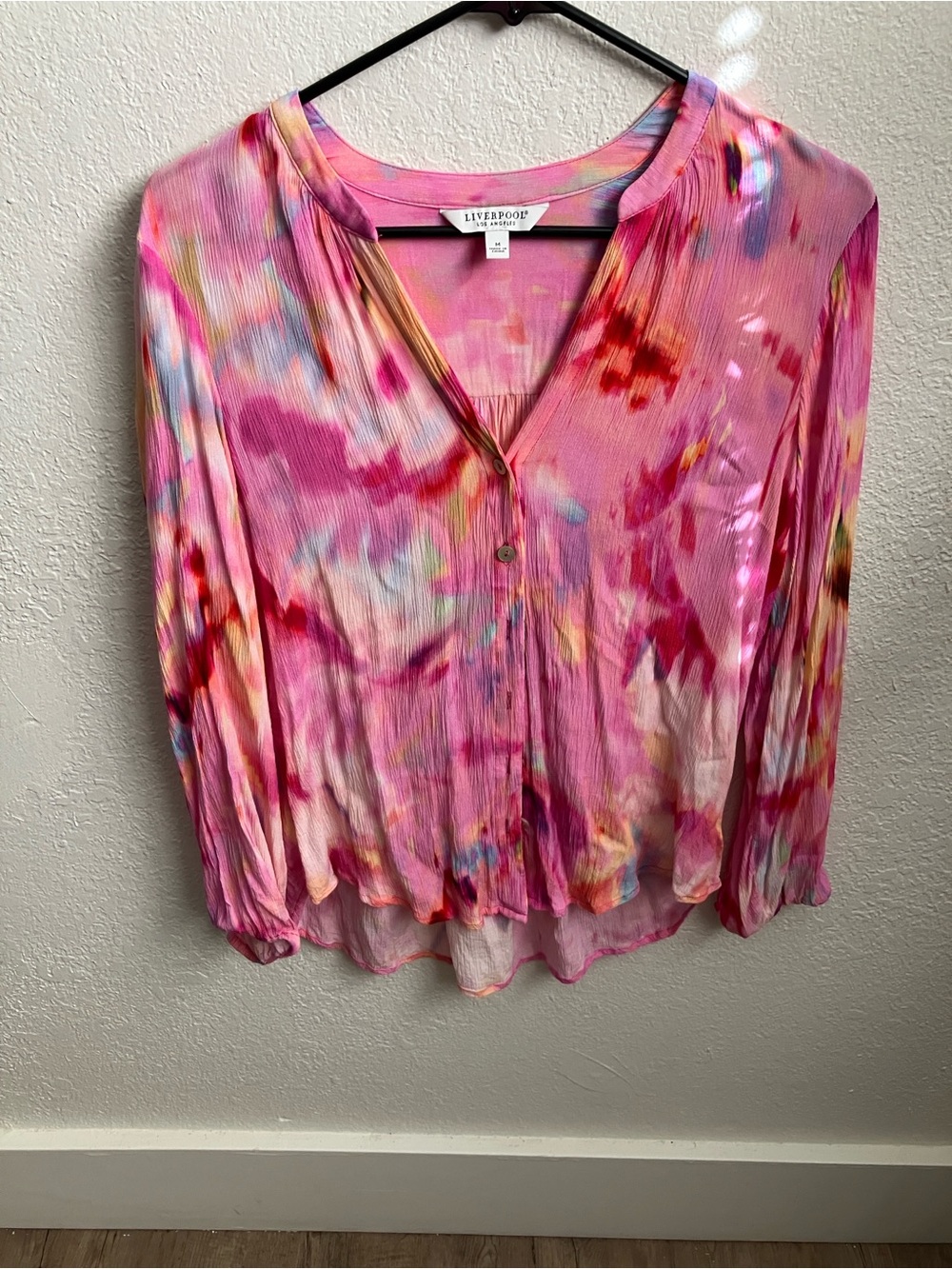 Liverpool Pink Multicolor Button-Front Watercolor Blouse
